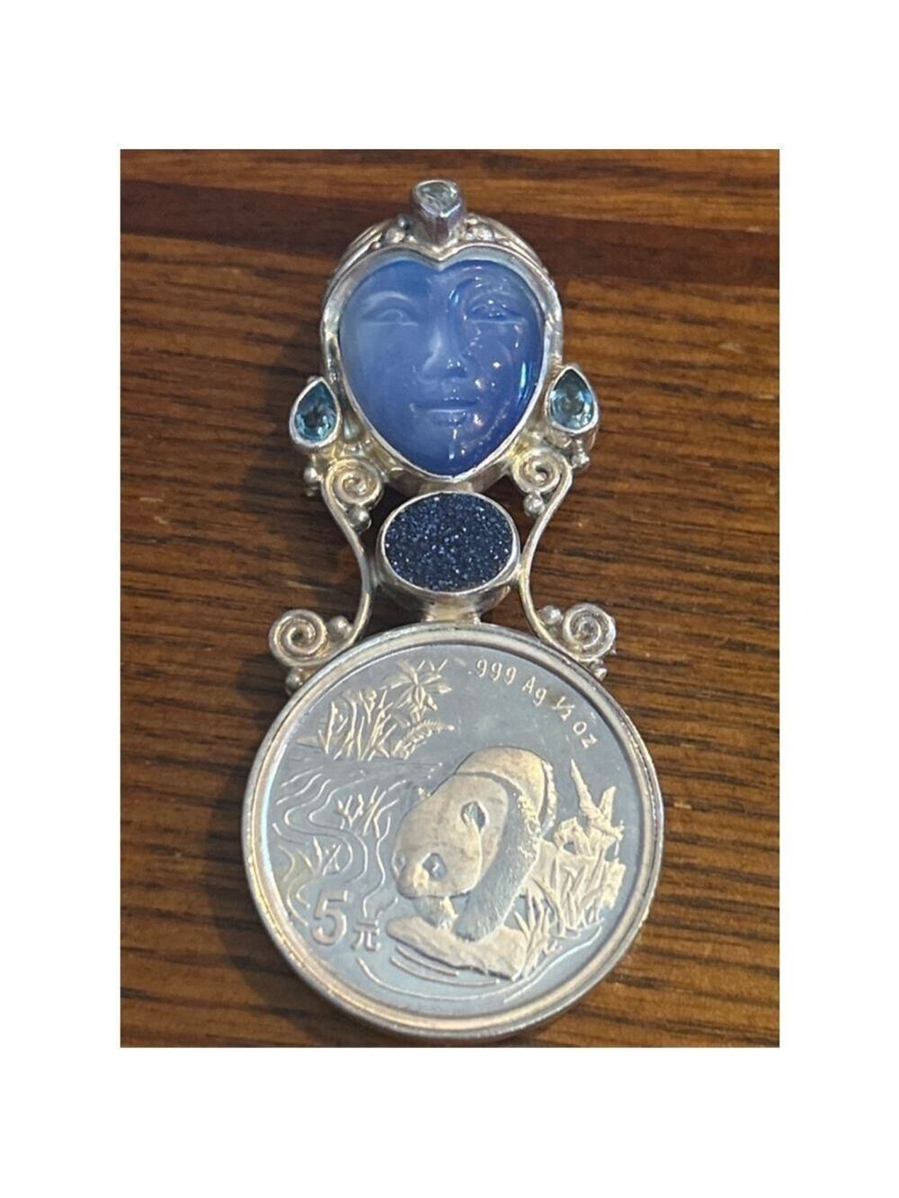Women's Sajen Silver & Blue Carved Stone Panda Coin Brooch Pendant One Size - Picture 1 of 5